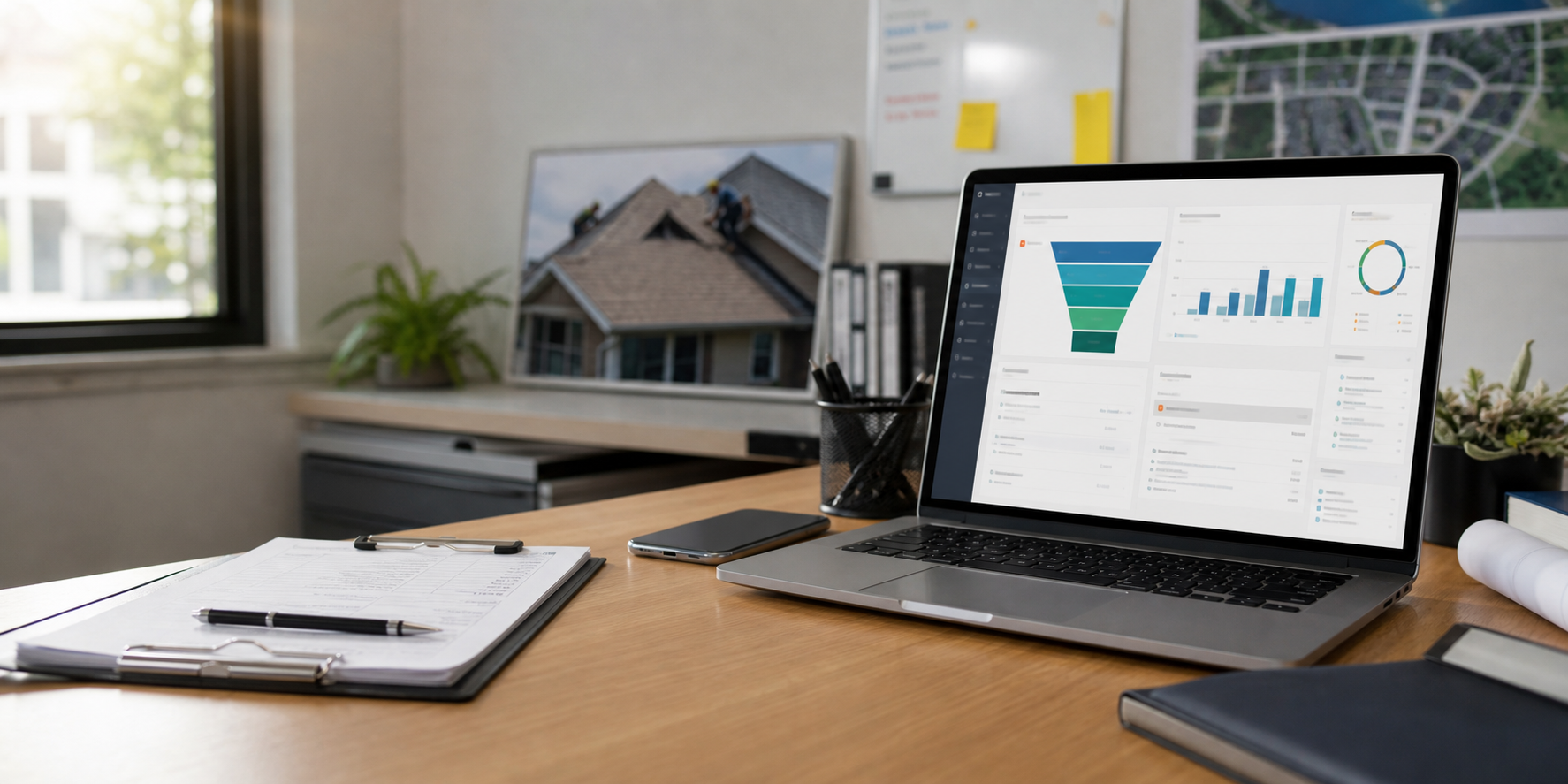 Contractor operations desk with lead pipeline dashboard